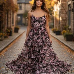 Altar'd State Pink and Black Floral Maxi Dress